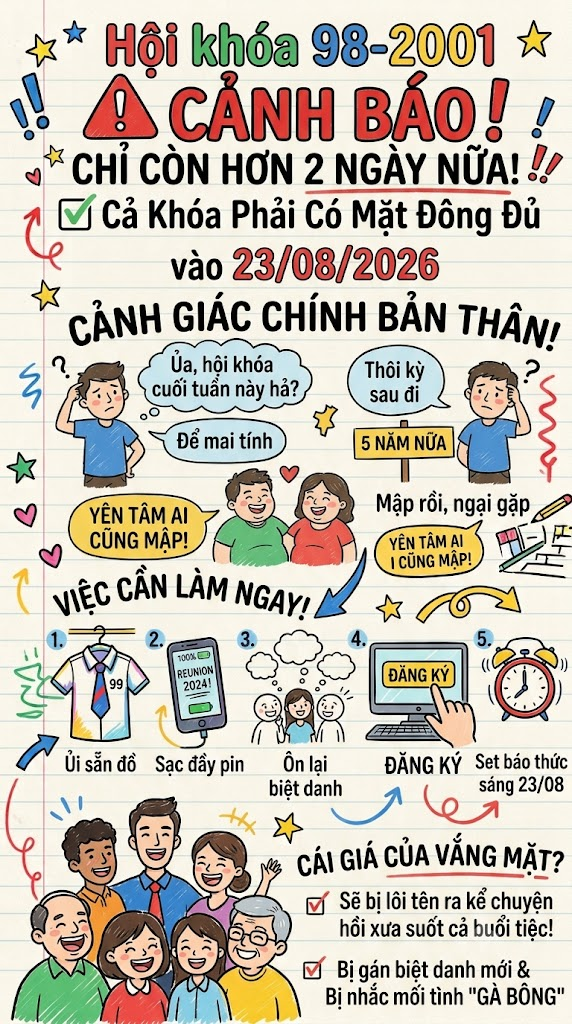 Cảnh báo: Hội khóa 98-2001 — chỉ còn hơn 2 ngày nữa, cả khóa phải có mặt đông đủ vào 23/08/2026